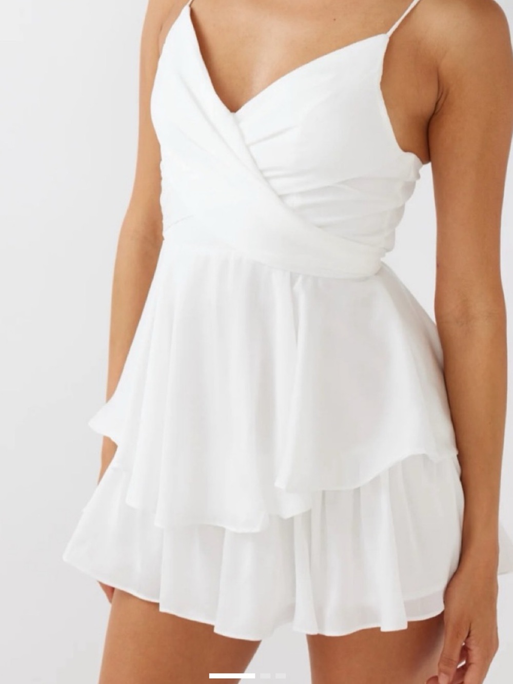 Elegant White Wrap Tiered Mini romper with Spaghetti Straps
